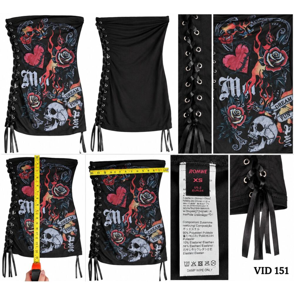 ROMWE PUNK Skull Rose Lace Up Tube Top Skirt Set XS Y2K Goth Tattoo Grunge